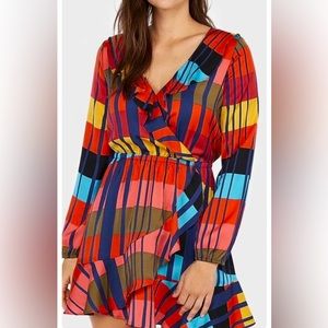Express long sleeve faux wrap multicolor mini dress with ruffles